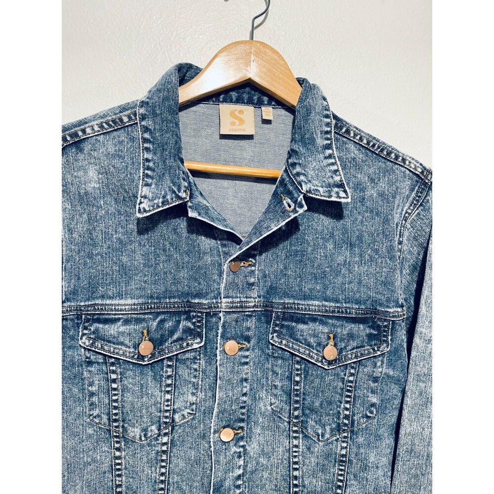 Serena denim jacket classic biker casual USA made sequins blue fall women's XS - Picture 3 of 7